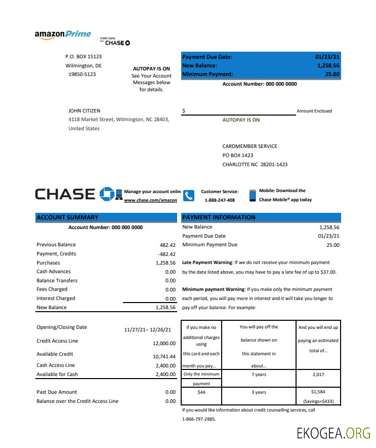 Relevé de carte de crédit USA Chase
